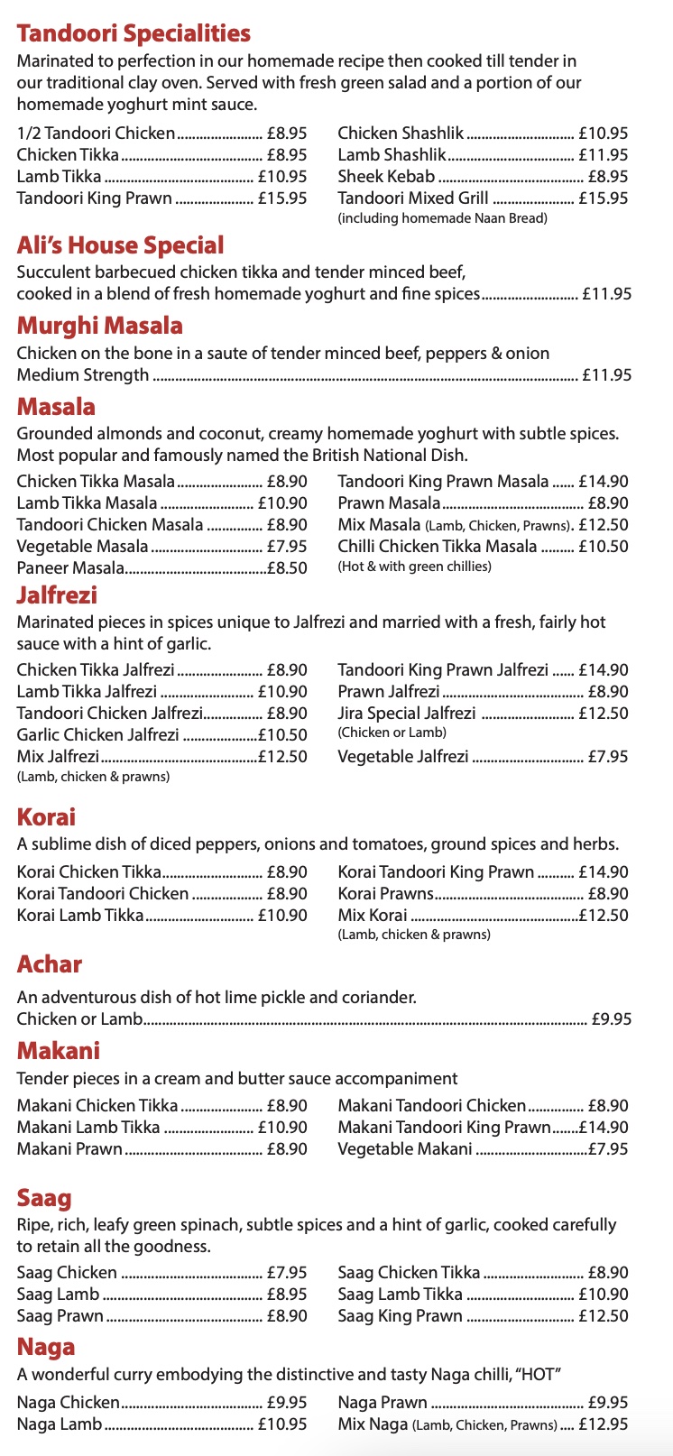 Alis Tandoori Takeaway Menu 1